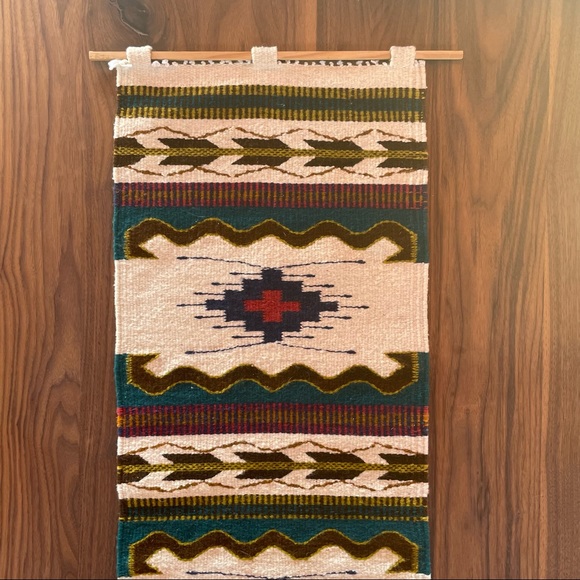 Woven Rug Tapestry with wood hanging rod. 57" x 16" - Picture 2 of 8